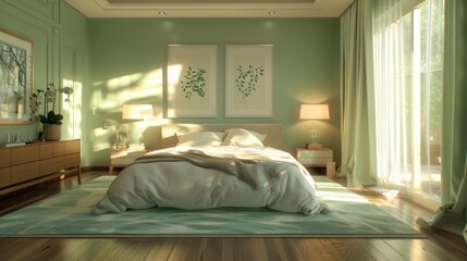 A serene bedroom adorned with Granny Apple accents, featuring a minimalist design and ample copy space. The soothing color scheme creates a tranquil atmosphere, perfect for relaxation and