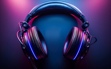 Close-up of professional headphones illuminated by purple light. The screen is dark with a gradient from blue to black, creating a sleek and modern look