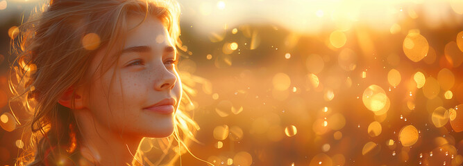 Fototapeta premium Images of inner light effect with healthy energetic figures, bright lights, halos, and warm background