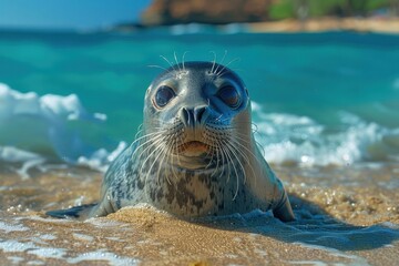 Fototapeta premium A Hawaiian monk seal basking on a sandy beach, its sleek body glistening in the sun and the turquoise ocean waves crashing behind it. 