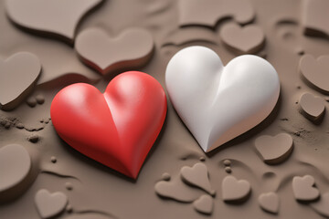 Fototapeta premium Closeup red and white couple hearts on mud surface texture background for love, romance, care, strong relationship, friendship, anniversary, wedding, invitation card, mind abstract, minimalist, 3d