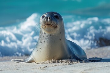 Fototapeta premium A Hawaiian monk seal basking on a sandy beach, its sleek body glistening in the sun and the turquoise ocean waves crashing behind it. 