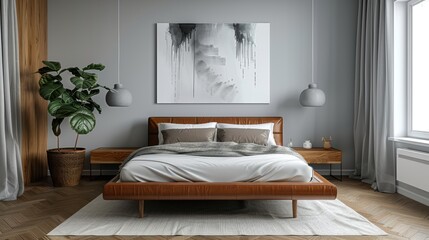 A serene bedroom with leather details, designed in a minimalist style with a focus on comfort and relaxation. The image offers plenty of copy space for adding text or graphics.