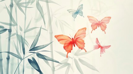 Fototapeta premium Elegant watercolor illustration of butterflies and bamboo, bringing a serene atmosphere and nature-inspired artistry to any space.
