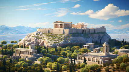 Obraz premium Athens - City, Greece, Mediterranean, Acropolis, Cartoon, Poster Style, greece, athens, architecture, city, town, europe, building, landscape, ancient, village, view, house, travel, old, tourism
