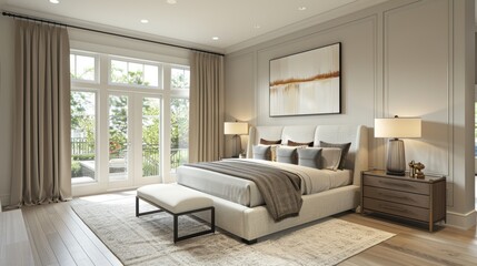 A modern bedroom with subtle Oxford-inspired accents, featuring minimalist design elements and a neutral color scheme. The image provides plenty of copy space for adding text or graphics.