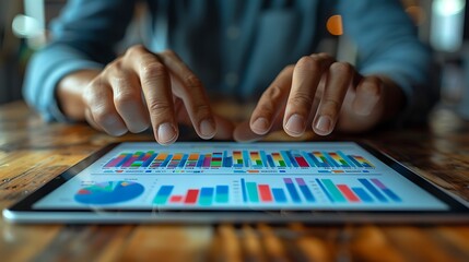 A close-up shot of hands on a tablet showing key performance indicators, with various scattered documents and reports in the background.