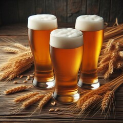 Glasses of light beer with spikelets of barley on the wooden background.  Copy space for text