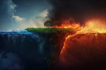 A realistic image of the world and hell in one image, separated by grass and earth across the...