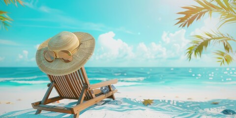 Obraz premium summer vacation travel background, with a straw hat, umbrella, beach chair. copy space background. 3D Rendering