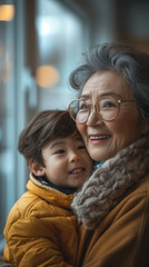 A kind Asian grandmother with neat teeth brings her grandson to the dental hospital