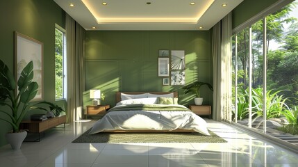 A modern green bedroom designed with minimalist aesthetics, showcasing clean lines and a peaceful atmosphere. The spacious layout provides ample copy space.