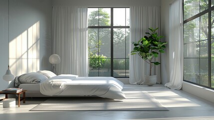 A serene gray bedroom featuring minimalist decor, clean lines, and plenty of copy space for customization.