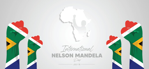 Nelson Mandela international day Africa map with south Africa flag color paint on hands vector poster