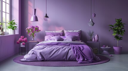 A chic bedroom decorated in shades of purple, with minimalist furnishings and a spacious layout. The image provides plenty of copy space, perfect for creating customized content.