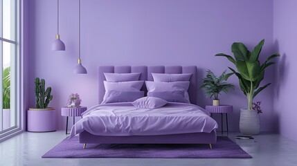A tranquil bedroom decorated in soft purple, featuring minimalist furniture and a spacious, uncluttered layout. Perfect for projects that need a serene and modern interior backdrop with copy space.