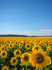 Obraz premium Sunflower in a flower field under sunshine and sky, beautiful. The photography details are in a realistic style