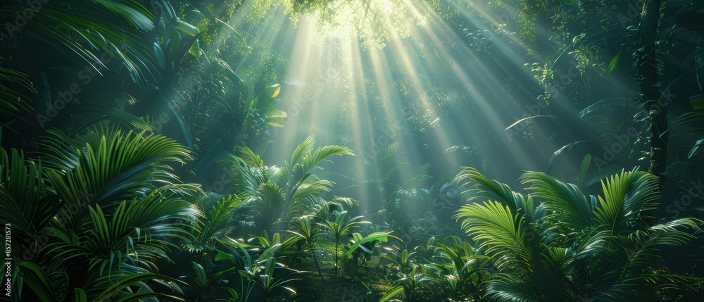 Wall mural digital green jungle clearing with sun rays