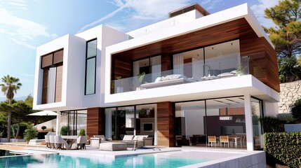 Fototapeta premium Modern white house with wooden extension and pool 