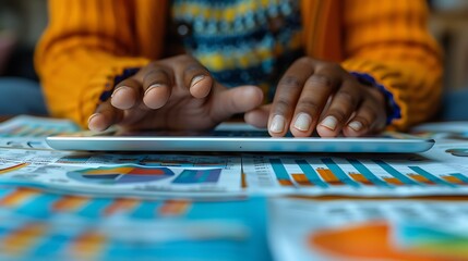 Close-up of hands collaborating on a tablet showing business metrics, with scattered documents and reports around them.