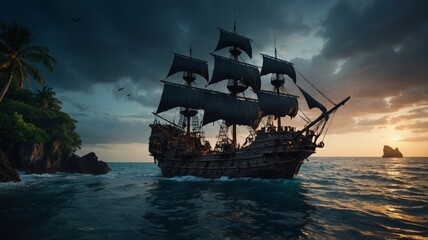 Fototapeta premium Dark and scary paradise tropical island, pirate ship in the sea, fantasy concept.