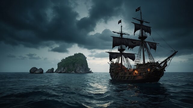 Dark and scary paradise tropical island, pirate ship in the sea, fantasy concept.