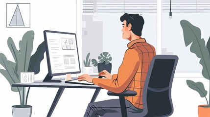 Man working from home in a modern, minimalist workspace with a computer, plants, and natural light through the window.