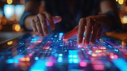 Close-up of hands interacting with a tablet displaying project timelines and charts, surrounded by scattered project plans and documents.