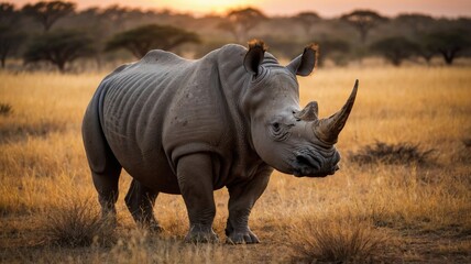 Obraz premium Majestic and beautiful rhino in the African savanna, sunset in the background, wildlife, wild animal.