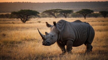 Obraz premium Majestic and beautiful rhino in the African savanna, sunset in the background, wildlife, wild animal.