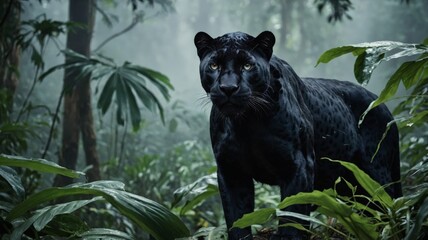Majestic black panther in dense tropical forest with fog, wildlife, wild animal.