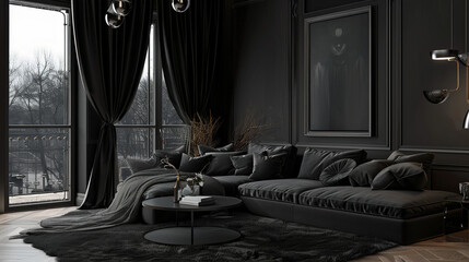 Luxurious black room with sofa, curtains and pillows