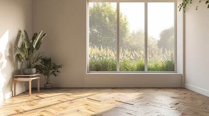 Empty white room with large window and wooden parquet floor