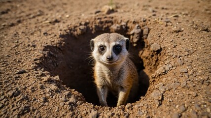 Fototapeta premium Meerkat in hole in the ground in the African savannah, wildlife, wild animal, African animal.