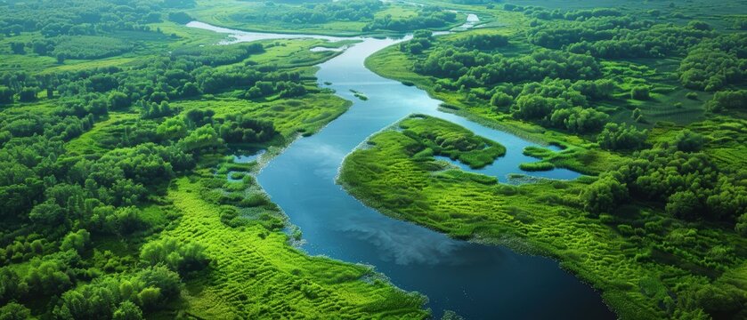 Digital green river delta with vibrant wetlands