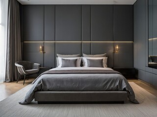Minimalist and modern double bedroom, contemporary architecture, minimalist architecture, predominant gray colors.