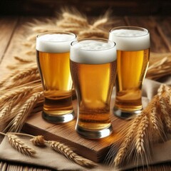 Glasses of light beer with spikelets of barley on the wooden background.  Copy space for text
