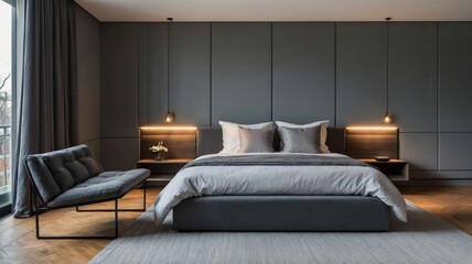 Minimalist and modern double bedroom, contemporary architecture, minimalist architecture, predominant gray colors.
