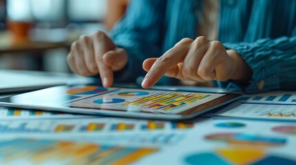 Close-up of hands pointing at a tablet displaying analytical graphs, surrounded by scattered papers and documents in the background, capturing a busy work setting.