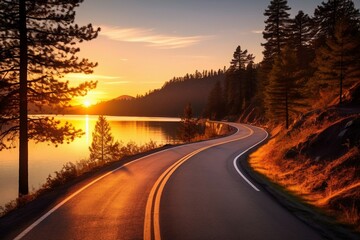 Winding Road Along Lakeside at Sunset in Scenic Forest. Generative AI