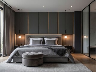 Minimalist and modern double bedroom, contemporary architecture, minimalist architecture, predominant gray colors.