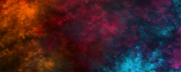 Dark concrete wall beautiful orange and dark blue ocean background. Colorful Stained stony rusty wall background. Aquamarine and pink Abstract Glowing Space Stars. Vintage paper textured aquarelle 