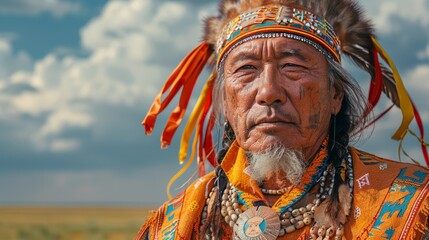 Obraz premium A dignified elderly man dressed in traditional, colorful attire and adorned with feathers stands under a vast sky, portraying wisdom, culture, and the connection to nature.