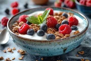A healthy breakfast bowl with yogurt, granola, fresh berries, and a drizzle of honey. 