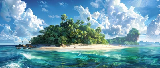 Digital green tropical island with beach