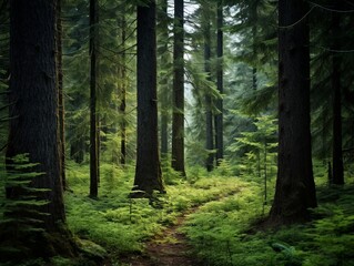 Peaceful Forest Pathway Amidst Towering Pine Trees and Verdant Foliage. Generative AI