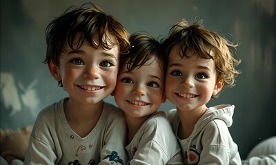 wallpaper representing three new born babies smiling. Dark studio background.
