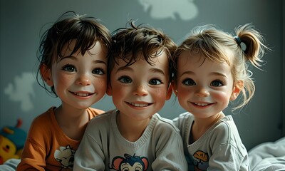 wallpaper representing three new born babies smiling. Dark studio background.
