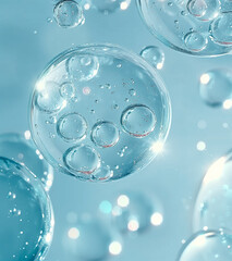 Closeup of floating transparent bubbles on a light blue background, surrounded by large circles of liquid gel or serum, creating an abstract and luxurious aesthetic