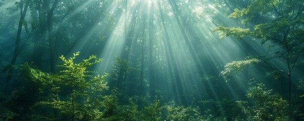 Fototapeta premium Sunlight streaming through a forest canopy